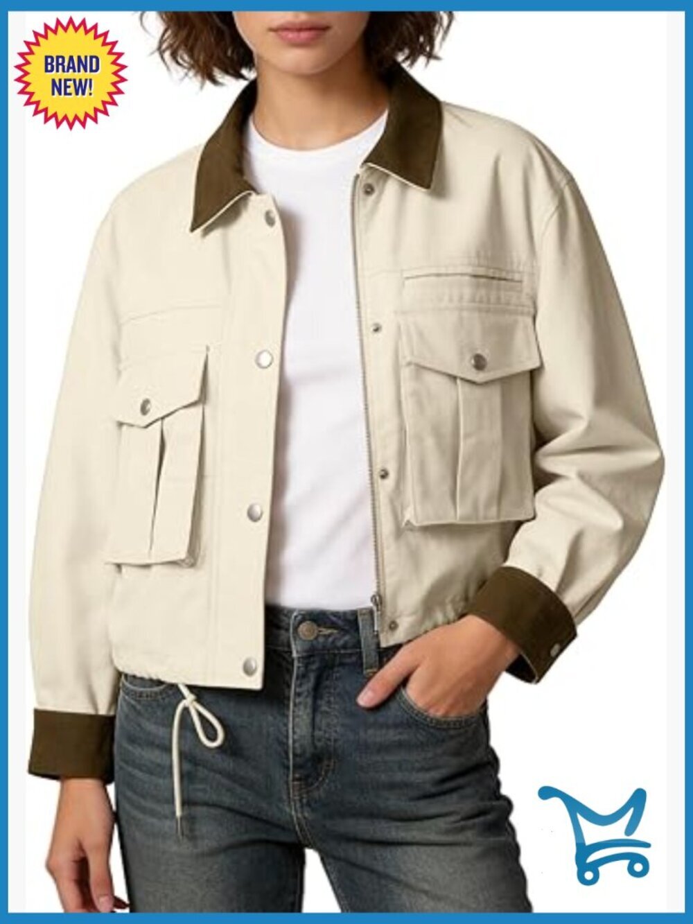 Cropped Utility Jacket with Contrast Collar Cotton Cargo Barn Coat Spring